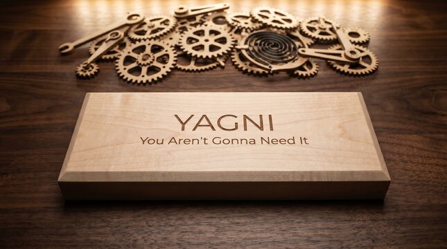 YAGNI You Aren't Gonna Need It principle engraved on a wooden box surrounded by gears and tools, representing efficient software development