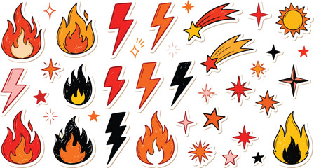 Set of handdrawn doodle stickers with fire, lightning bolts, stars, and comets © SOHAG 