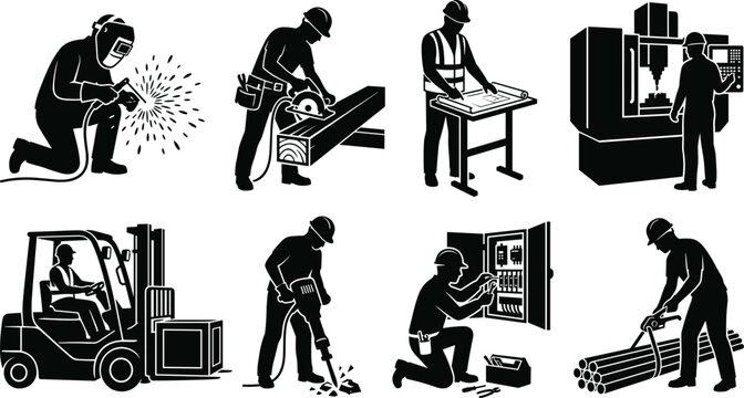 Industrial workers and construction laborers silhouettes set including welding engineering operating cnc machine forklift and electrical maintenance icons
