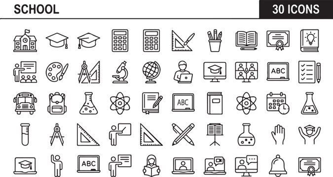 Set of school and education line icons collection of thin outline icons for school, university, elearning, and study