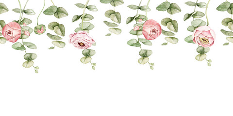 Ranunculus flowers and eucalyptus watercolor floral border with space below for text. Suitable for wedding invitations, greeting cards, stationery, packaging and feminine branding projects. © Evgeniia