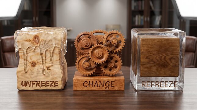 Kurt Lewin's Three-Stage Change Model concept with wooden blocks representing unfreeze change and refreeze stages