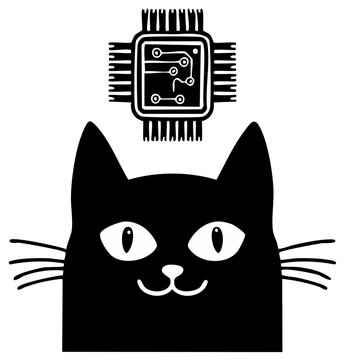 Black cat with a computer chip icon above its head for technology concept