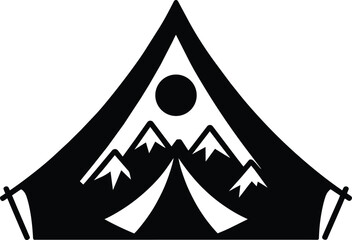 Camping tent silhouette illustration with mountain range and circular sun graphic for outdoor adventure and nature themes and black and white in outli © MC Creative