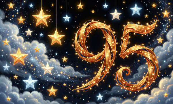 Golden ribbons and lights form the number 95 on a starry night sky with clouds, celebrating a 95th birthday.