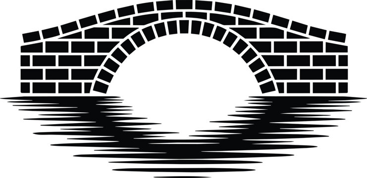Arch bridge constructed from brick blocks with reflection on water surface, silhouette vector illustration and feature and black and white in outline