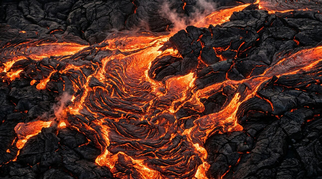 Molten lava flow texture with hot volcanic magma wave