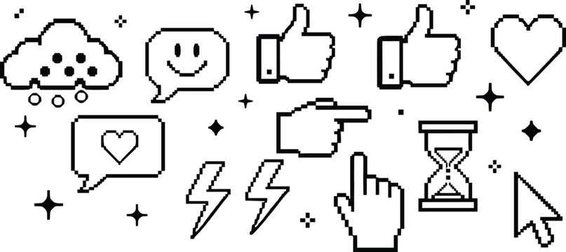 Pixel Art Social Media Icons Set with Like Heart Chat Cursor Lightning and Hourglass Retro 8 Bit Vector Collection
