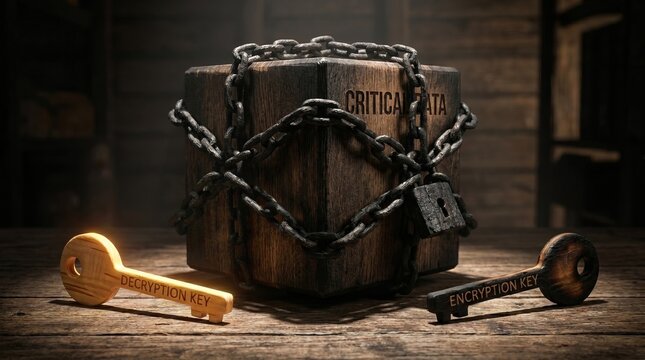 Asymmetric encryption concept 3D render with critical data box secured by chain and padlock, public and encryption keys
