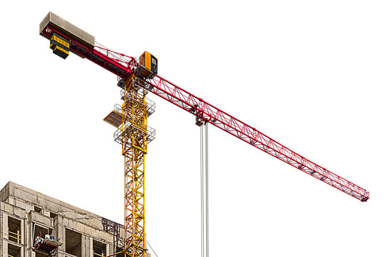 Tower crane with multi-story building under construction isolated on transparent background. Blank image for industrial facility, real estate project under construction with walls, cladding or roofing