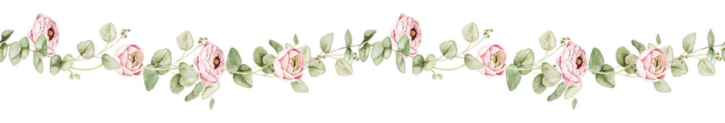 Ranunculus flowers, eucalyptus branches and pearl garlands watercolor floral border with space below for text. Suitable for wedding invitations, greeting cards, stationery, luxury branding © Evgeniia