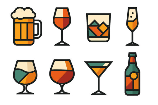 Collection of stylized alcoholic beverages in various glasses and a bottle