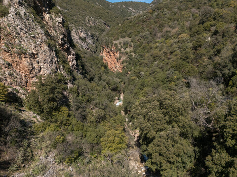 Aerial view of a forested gorge with a Neda river in Greece