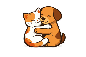 Fototapeta premium Cute vector illustration of a smiling orange cat and golden puppy hugging, isolated on transparent background. Warm cartoon friendship clipart for kids, stickers, cards and animal designs