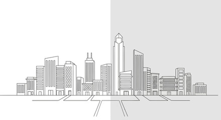 Fototapeta premium Modern City Skyline Outline Drawing, Urban Landscape, Business District Architecture