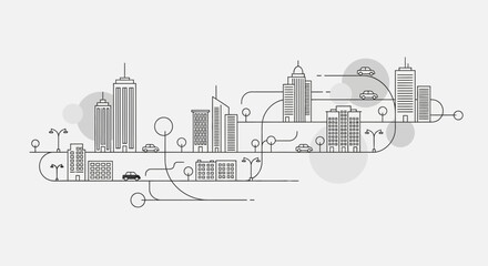Obraz premium Modern city skyline with connected buildings, roads, and cars in minimalist line art style.