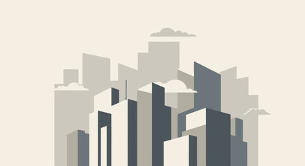 Fototapeta premium Modern Cityscape Silhouette with Geometric Buildings and Clouds