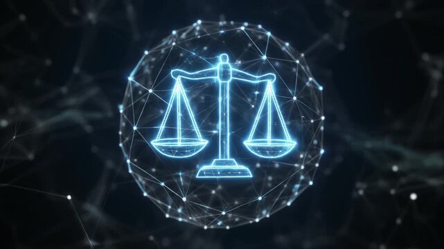 Glowing digital balance scale inside network sphere, symbolizing justice, fairness, and technological ethics in modern connectivity.