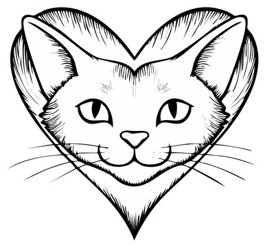 Heart shaped cat face illustration, with happy expression and whisker details, animal love symbol.