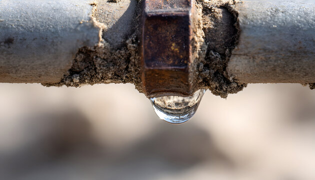 Close perspective of water droplet forming on defective farm irrigation connector stressing repair importance