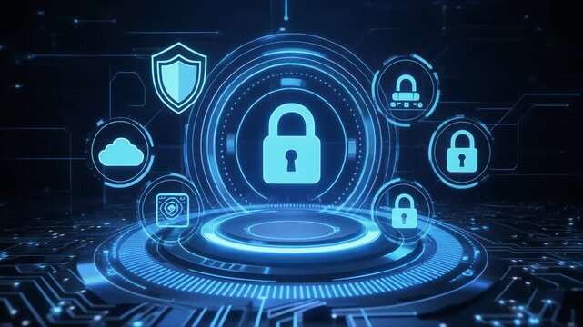 Glowing digital padlock with circuit network, symbolizing cybersecurity, encryption, and futuristic data protection in connected systems.