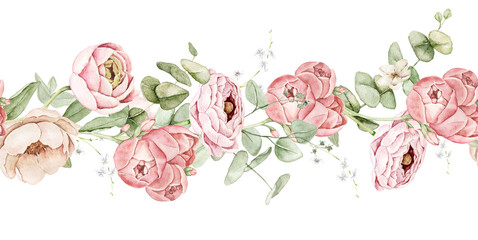 Watercolor seamless floral border with ranunculus flowers, eucalyptus branches and delicate greenery. Suitable for wedding invitations, greeting cards, stationery, packaging, feminine branding designs © Evgeniia