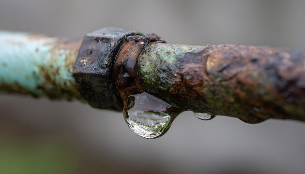 Close perspective of water droplet forming on defective farm irrigation connector stressing repair importance