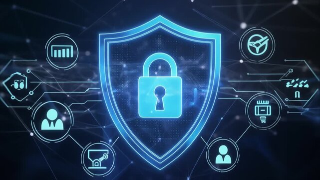 Glowing blue shield with padlock hovering above futuristic interface, symbolizing cybersecurity, privacy, and digital protection in modern technology.