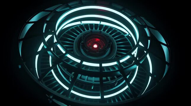 A cinematic animation of a mechanical iris or reactor featuring pulsing blue neon lights and a central red glow against a dark void. Ideal for sci-fi movie intros or tech projects.