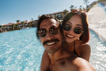 Obraz premium Man and woman smiling and posing in resort pool area