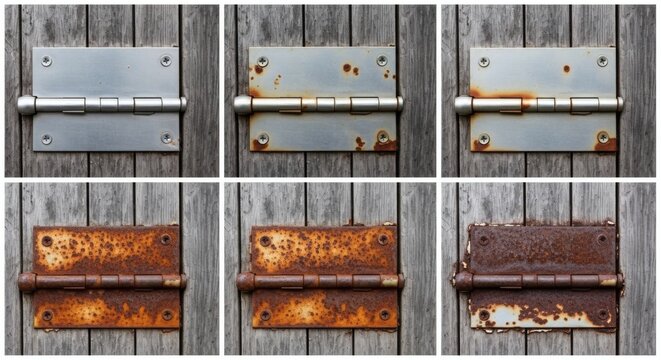 A series of six rusty metal hinges on a wooden background showing different stages of decay