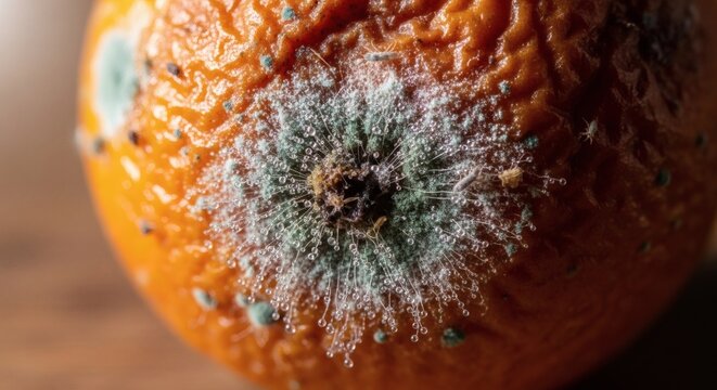 A moldy orange with green and white fungus growing on its surface