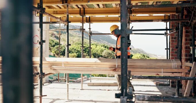 Construction, dance or black man on site with success, rhythm or playful groove with building milestone. Happy, achievement or engineer with scaffolding, fun time or upbeat movement in celebration.