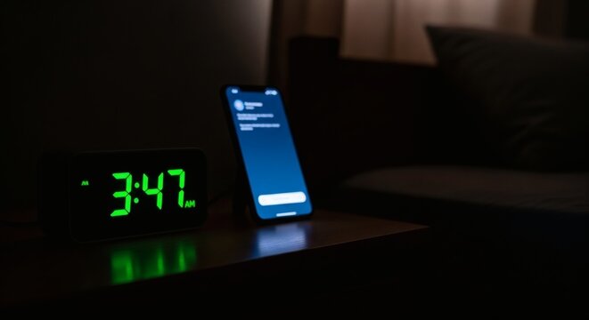 A smartphone and digital alarm clock sit on a bedside table in a dark room at night