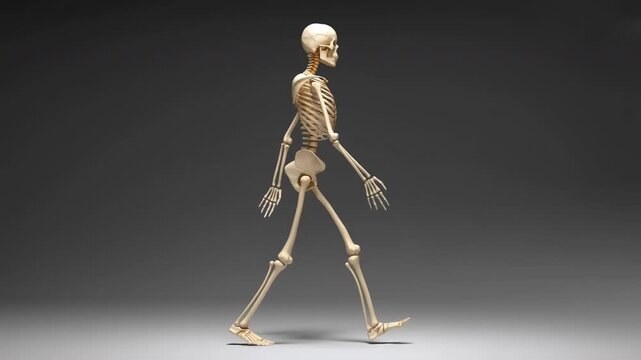 Side view skeleton walking in a dark studio