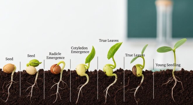 An illustration showing the stages of plant growth from seed to young seedling in soil
