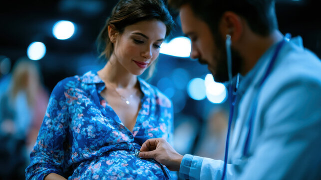 Doctor uses a stethoscope to examine a pregnant woman belly during a prenatal consultation in a modern clinic