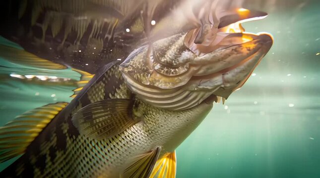 A detailed view of a largemouth bass with its mouth slightly open, swimming underwater as sunlight filters through the surface. Ideal for nature and fishing documentaries.