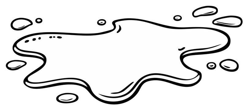 Cartoon outline of water puddle and several water droplets, liquid splash, black and white