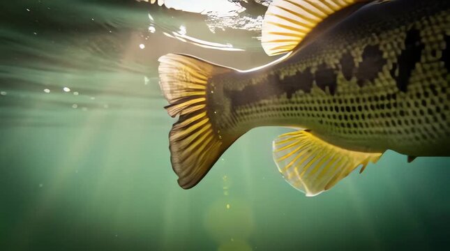 A largemouth bass with its mouth open swims through murky green water with shafts of sunlight filtering from the surface. Ideal for fishing documentaries or aquatic nature videos.