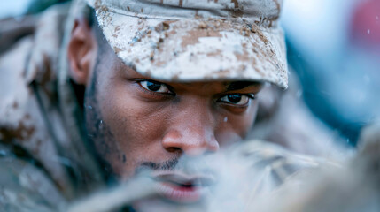 Naklejka premium Camouflaged soldier aiming a rifle through water and rain, ideal for military training, combat, tactical mission, and defense themes