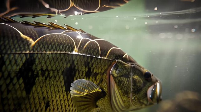 Close up of a largemouth bass swimming just below the surface with light reflecting off its back and scales in clear water. Perfect for sports fishing content or educational biology films.