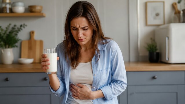 Woman experiencing stomach pain after drinking milk, possibly lactose intolerance