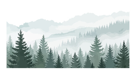 Fototapeta premium Watercolor illustration of misty mountain landscape with pine tree forest silhouette creating a