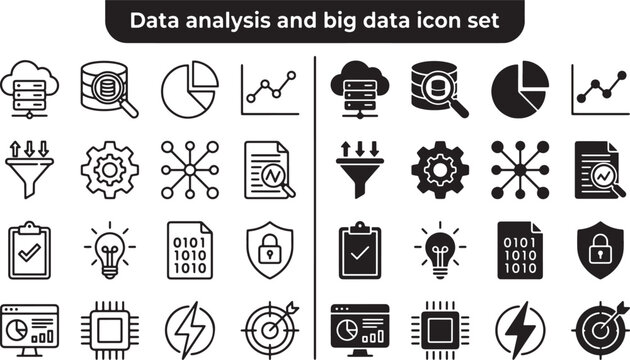 Data analysis and big data icon set featuring outline and solid black symbols for digital technology projects