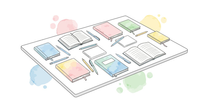 Watercolor illustration of notebooks and pens on a table ideal for back to school promotion