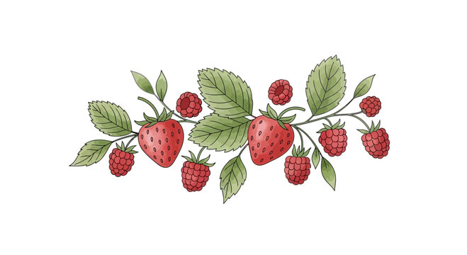 Watercolor illustration of strawberries and raspberries on a white background for healthy eating
