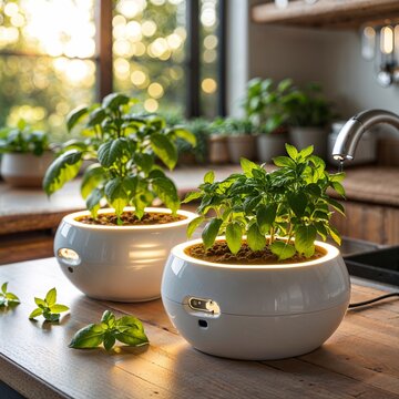 Modern smart indoor herb garden with glowing LED lights growing fresh organic basil on a wooden kitchen counter.
