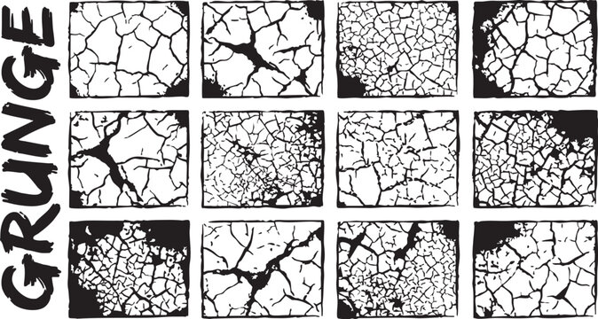 Grunge texture backgrounds set, vector crackle design elements, black and white illustration, graphic overlay textures, cracked effect collection