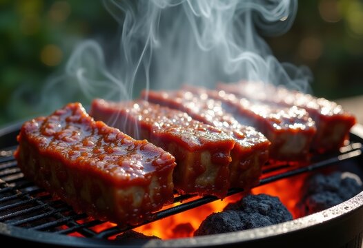 Korean Barbecue Short Ribs Grilled on Charcoal Tabletop Grill Succulent Over Flame